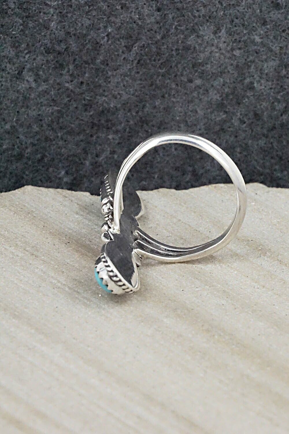 Turquoise, Coral & Sterling Silver Ring - Andrew Vandever - Size 7.75
