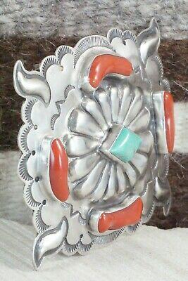 Turquoise, Coral & Sterling Silver Belt Buckle - Wallace Yazzie Jr - High Lonesome Trading