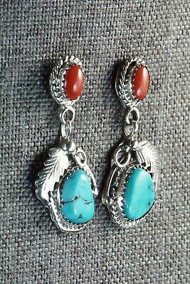 Turquoise, Coral & Sterling Silver Earrings - Roberta Begay