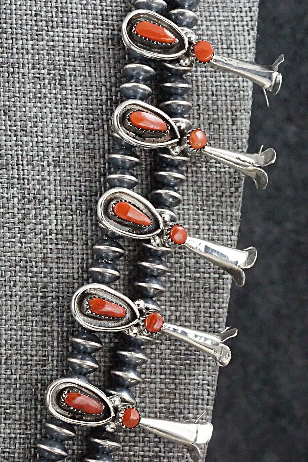 Coral & Sterling Silver Squash Blossom and Earrings - Vie Bobelu