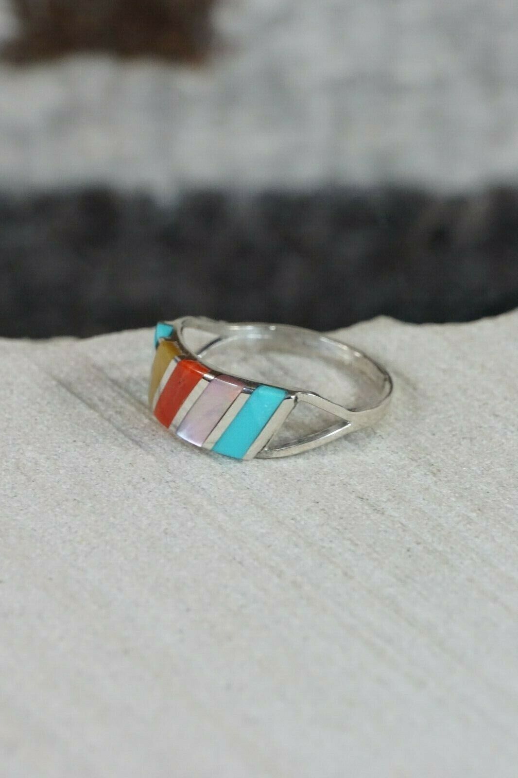 Zuni Multi- Stone and Sterling Silver Ring - Fabian Sheyka - Size 5 - High Lonesome Trading