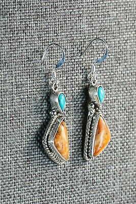 Navajo Turquoise & Spiny Oyster Sterling Silver Earrings - Gary Shorty