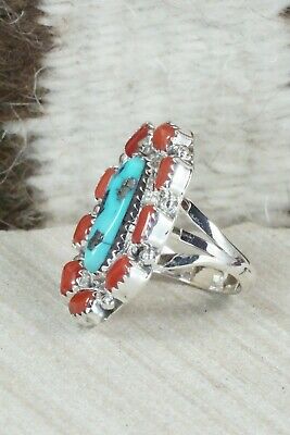 Turquoise & Coral Sterling Silver Ring - Roberta Begay - Size 5.75