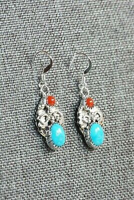 Navajo Turquoise and Coral Sterling Silver Earrings - Roberta Begay - High Lonesome Trading