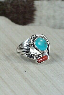 Navajo Turquoise, Coral & Sterling Silver Ring - Jeanette Saunders - Size 10.75