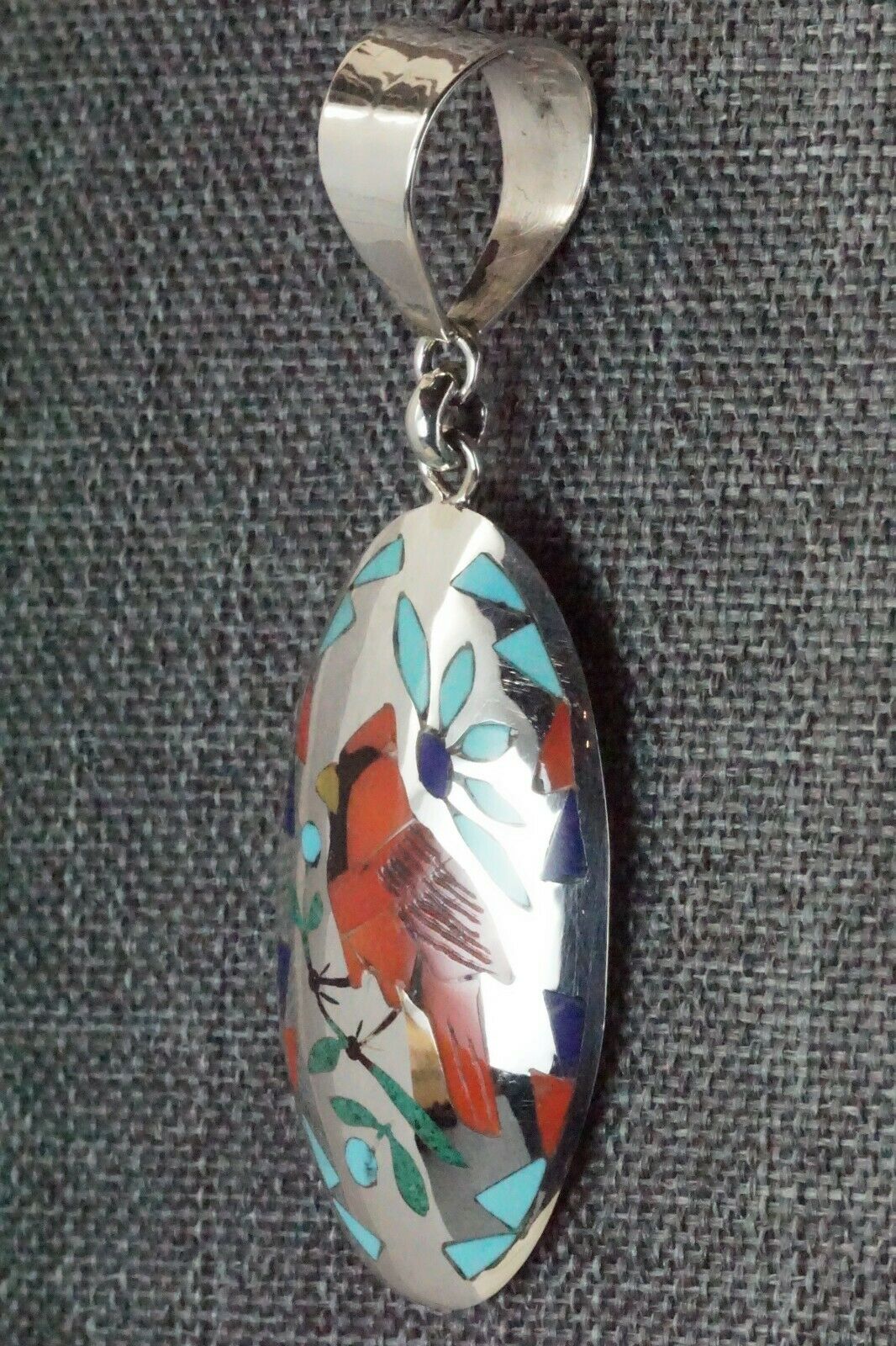 Inlay Coral Cardinal & Sterling Silver Pendant - Quintin Quam Sr