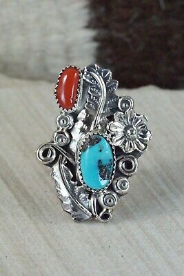 Turquoise, Coral & Sterling Silver Ring - Harry B Yazzie - Size 7.5
