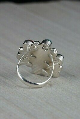 Navajo Turquoise and Coral Cluster Sterling Silver Ring - Roberta Begay - Size 6 - High Lonesome Trading