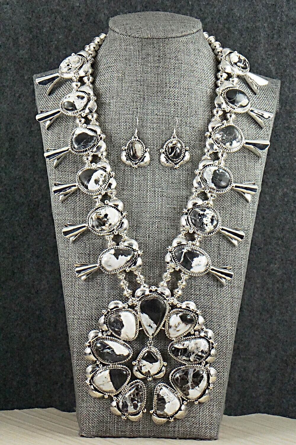 White Buffalo & Sterling Silver Squash Blossom Set - Vernon Johnson