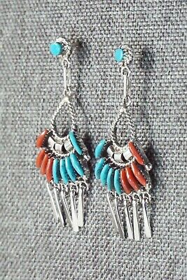 Turquoise, Coral & Sterling Silver Earrings - Edmund Cooeyate