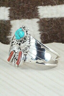 Turquoise, Coral & Sterling Silver Bracelet - Shirley Largo