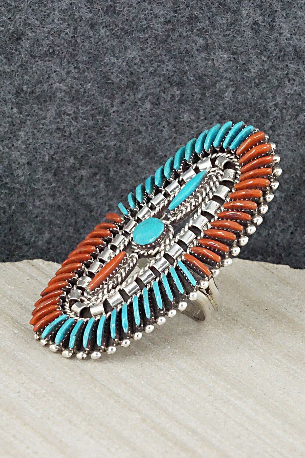 Turquoise, Coral & Sterling Silver Ring - Edmund Cooeyate - Size 7.5