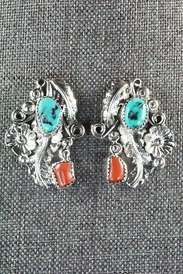 Turquoise, Coral & Sterling Silver Earrings - Harry B Yazzie