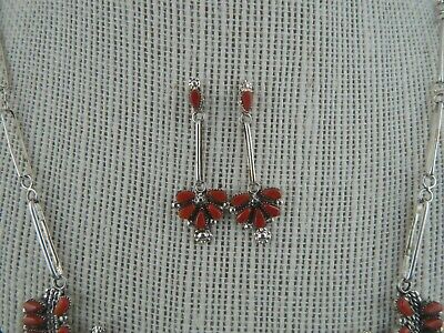 Zuni Coral & Sterling Silver Necklace and Earring Set - Florine Beyuka - Zuni - High Lonesome Trading