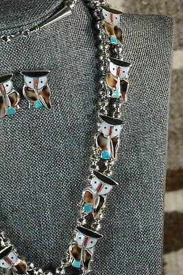 Zuni Inlay Owl Necklace and Sterling Silver Earring Set - Pitkin Natewa - High Lonesome Trading