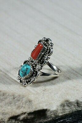 Navajo Turquoise and Coral Sterling Silver Ring - Freda Martinez - Size 6.5 - High Lonesome Trading