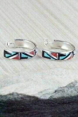 Multi Stone Inlay & Sterling Silver Hoop Earrings - Delberta Boone - High Lonesome Trading