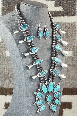 Turquoise & Sterling Silver Squash Blossom and Earrings - Vernon Johnson