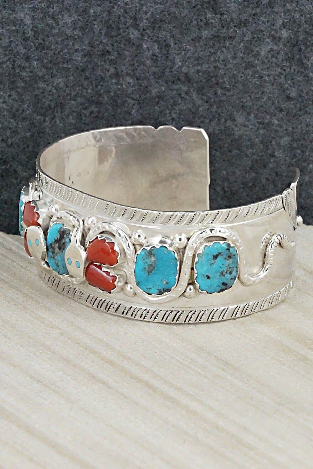 Turquoise, Coral & Sterling Silver Bracelet - Joy Calavaza