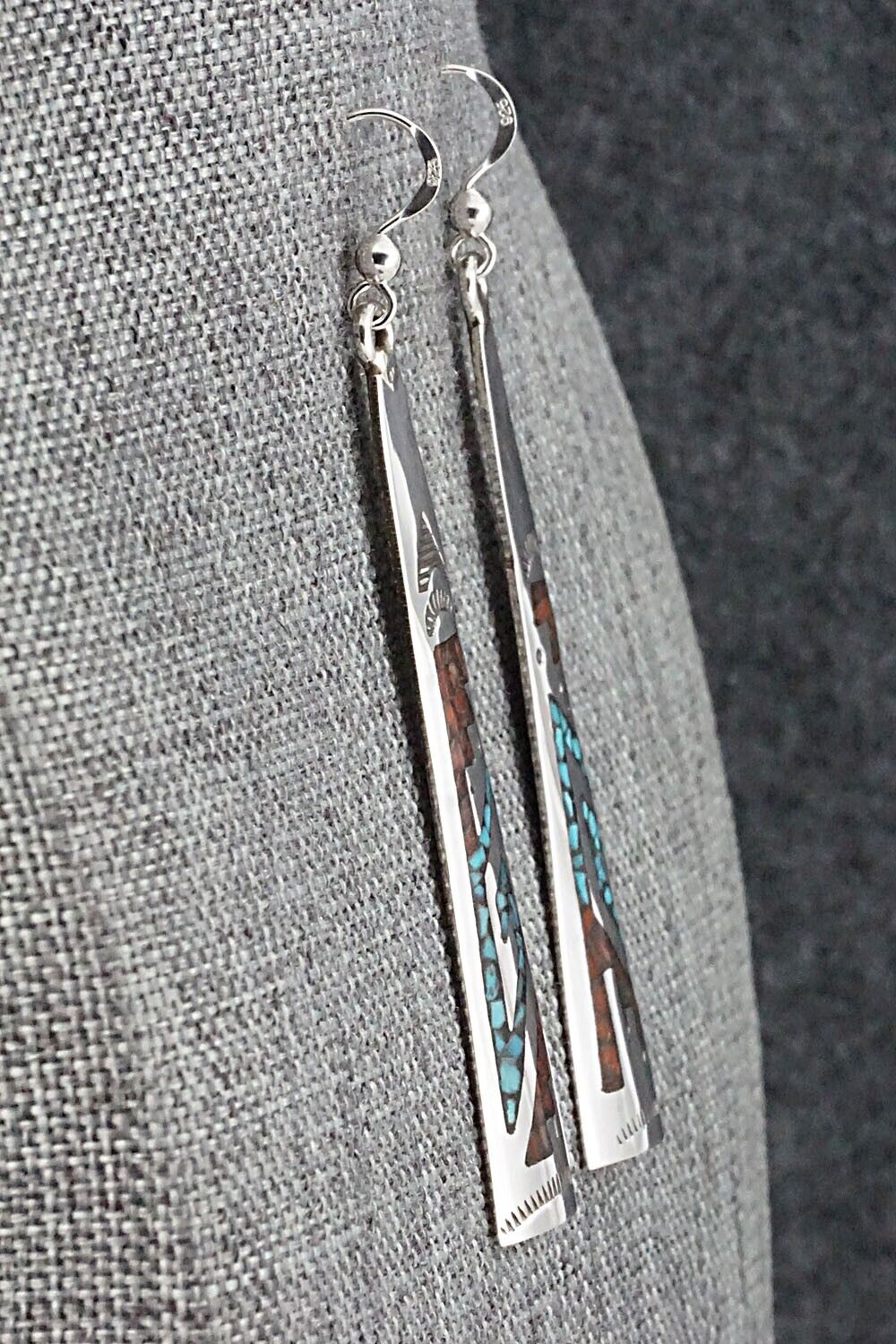 Turquoise, Coral & Sterling Silver Earrings - Jolene Yazzie