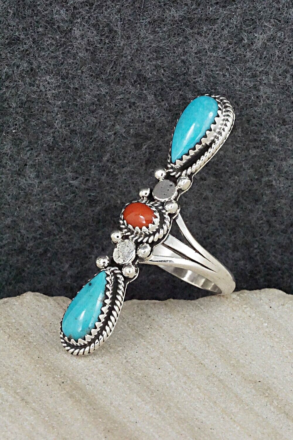 Turquoise, Coral & Sterling Silver Ring - Andrew Vandever - Size 7