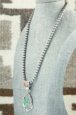 Turquoise, Coral Pendant & Sterling Silver Necklace - Tom Lewis