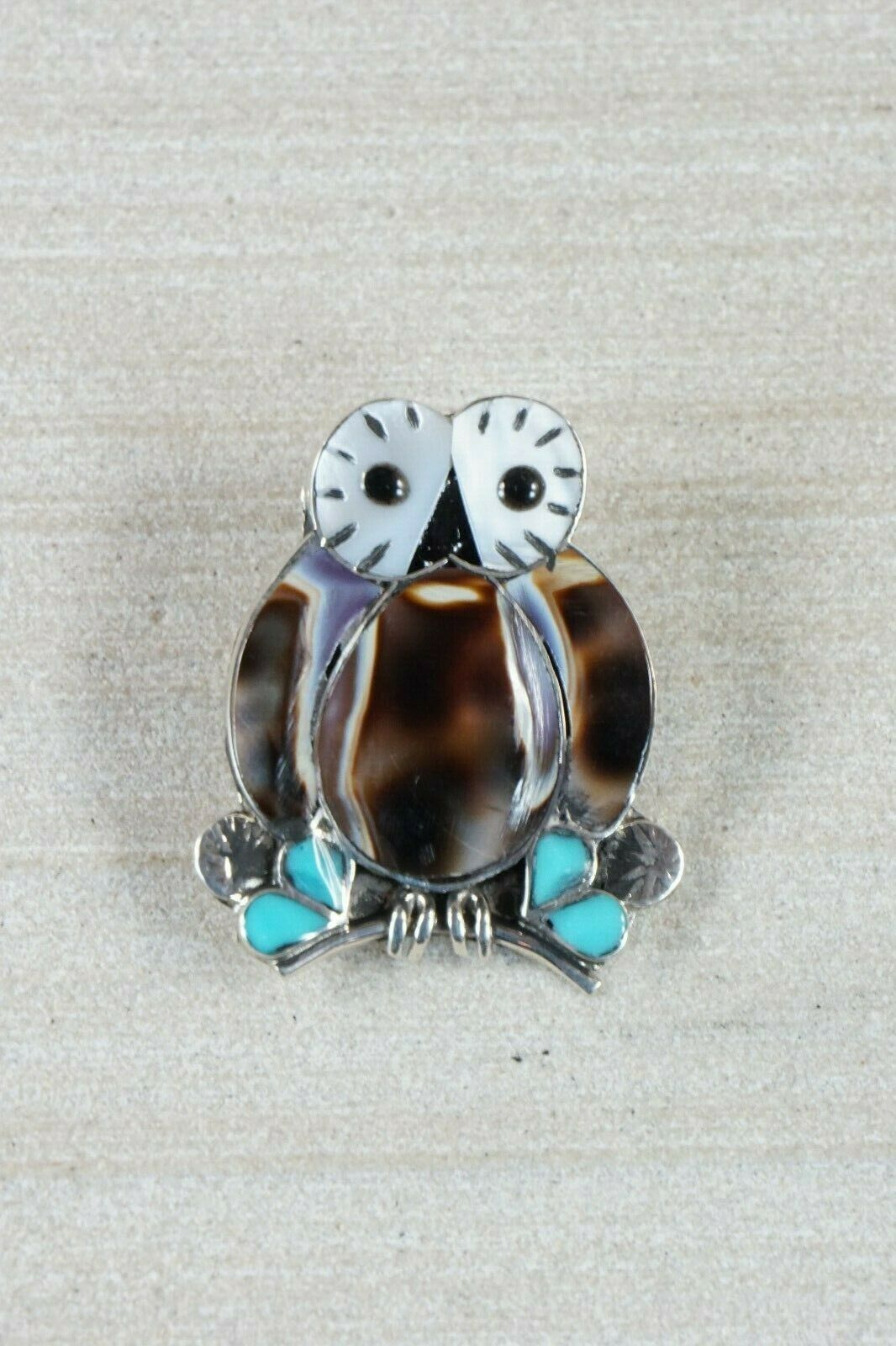 Zuni Owl Mother of Pearl and Sterling Silver Pendant/ Pin - Reginda Kallestewa - High Lonesome Trading
