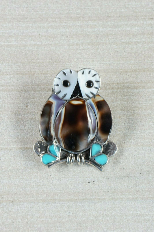 Zuni Owl Mother of Pearl and Sterling Silver Pendant/ Pin - Reginda Kallestewa - High Lonesome Trading