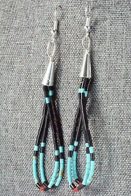 Turquoise, Jet, Coral & Sterling Silver Earrings - Esquipula Tenorio