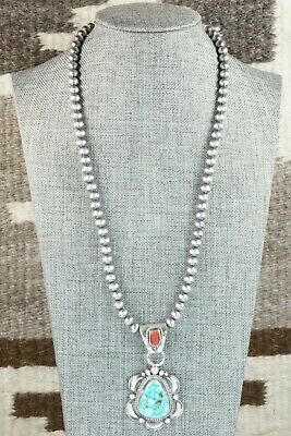 Turquoise, Coral Pendant & Sterling Silver Necklace - Tom Lewis