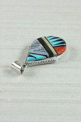 Zuni Inlay Turquoise & Coral Sterling Silver Pendant - Cleo Kallestewa - High Lonesome Trading