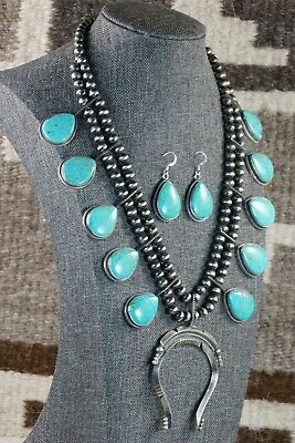 Navajo Turquoise & Sterling Silver Squash Blossom and Earrings - Tom Lewis - High Lonesome Trading
