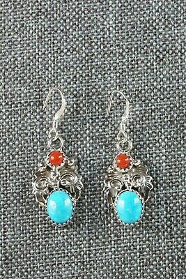 Navajo Turquoise and Coral Sterling Silver Earrings - Roberta Begay - High Lonesome Trading