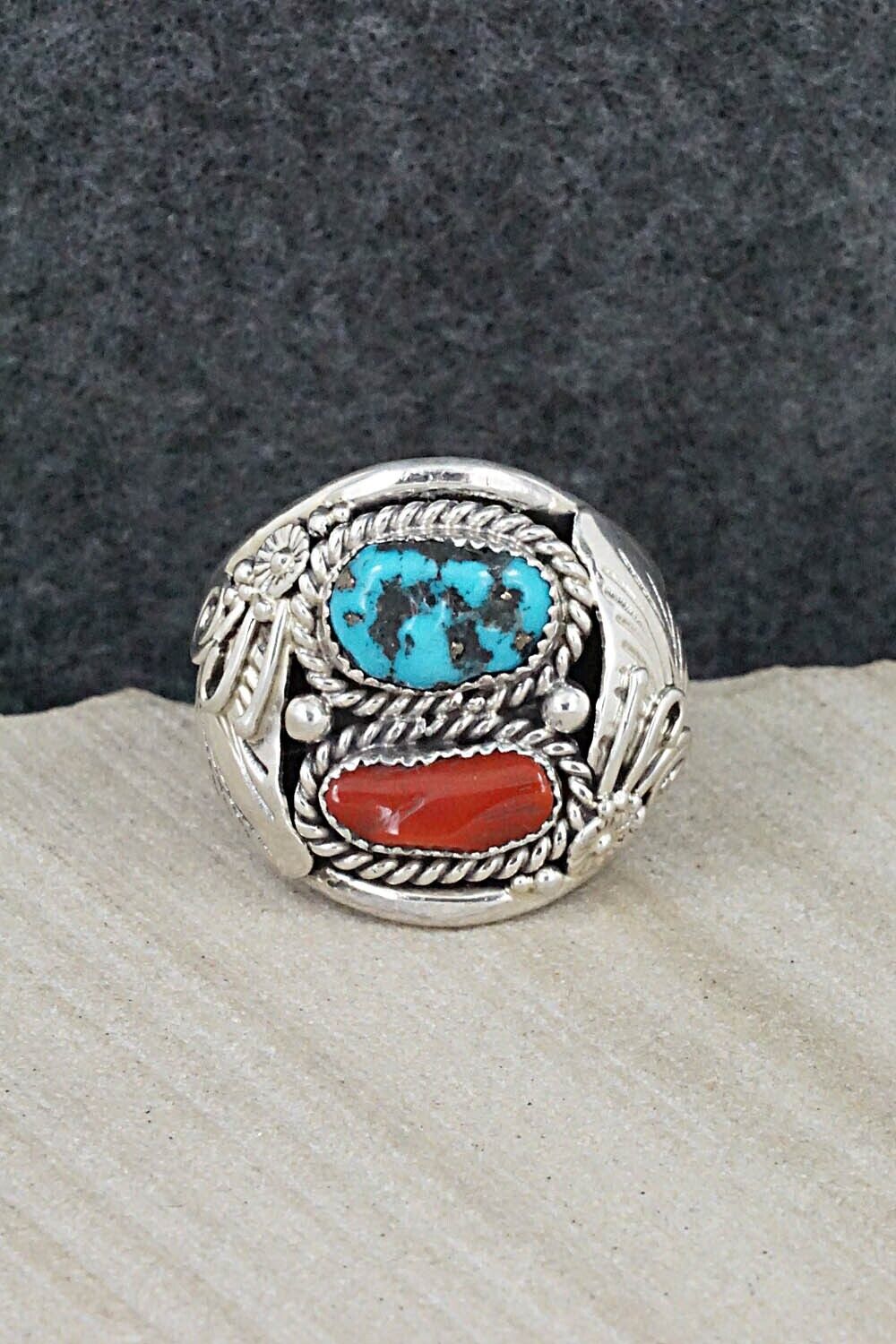 Turquoise, Coral & Sterling Silver Ring - Leonard Spencer - 12.5