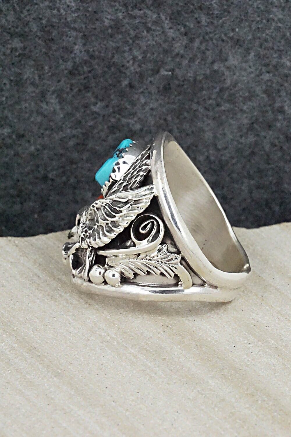 Turquoise, Coral & Sterling Silver Ring - Jeannette Saunders - Size 11