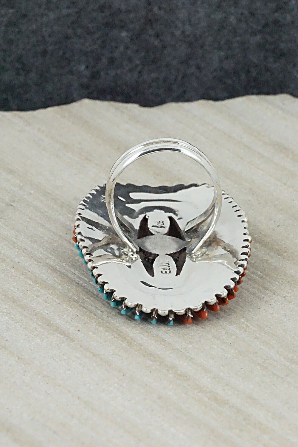 Turquoise, Coral & Sterling Silver Ring - Edmund Cooeyate - Size 7.5