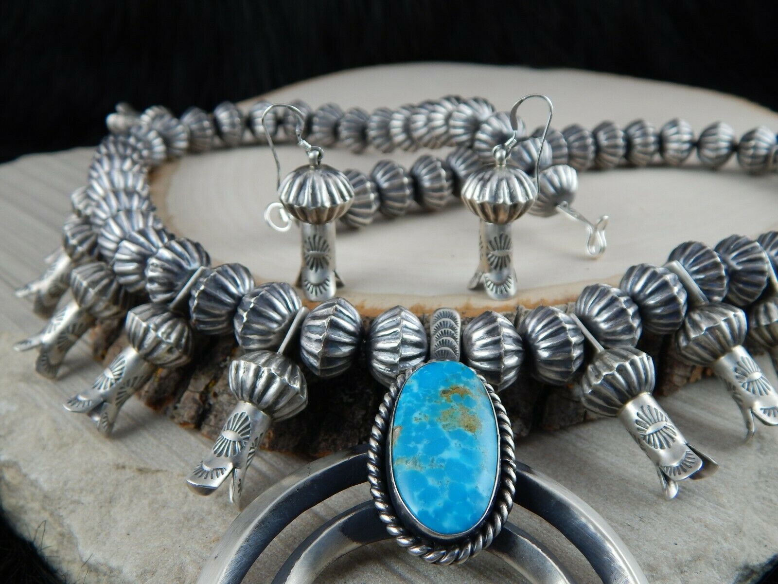 Turquoise & Sterling Silver - Navajo Squash Blossom & Earrings - Chris Hale - High Lonesome Trading