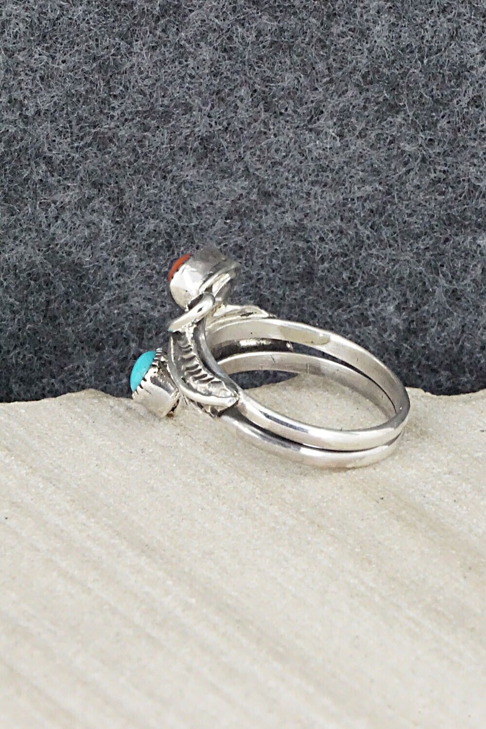 Turquoise, Coral & Sterling Silver Ring - Harry Yazzie - Size 7.5