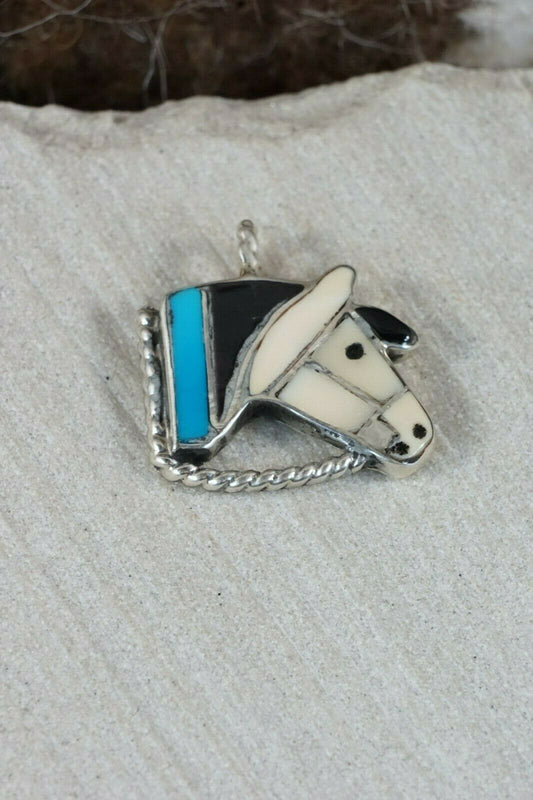 Zuni Turquoise & Mother of Pearl Sterling Silver Horse Pendant - Robbie Zunie - High Lonesome Trading