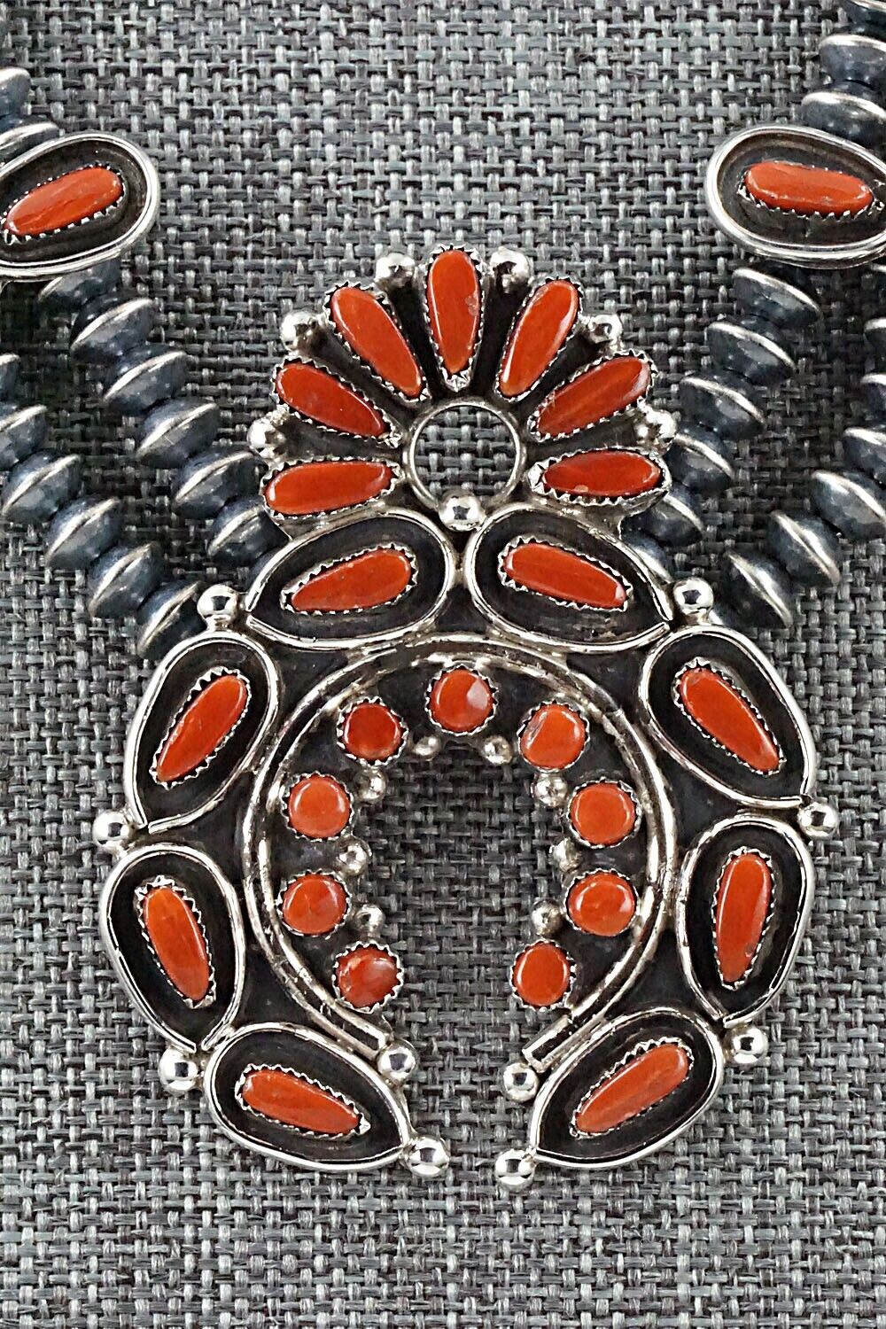 Coral & Sterling Silver Squash Blossom and Earrings - Vie Bobelu