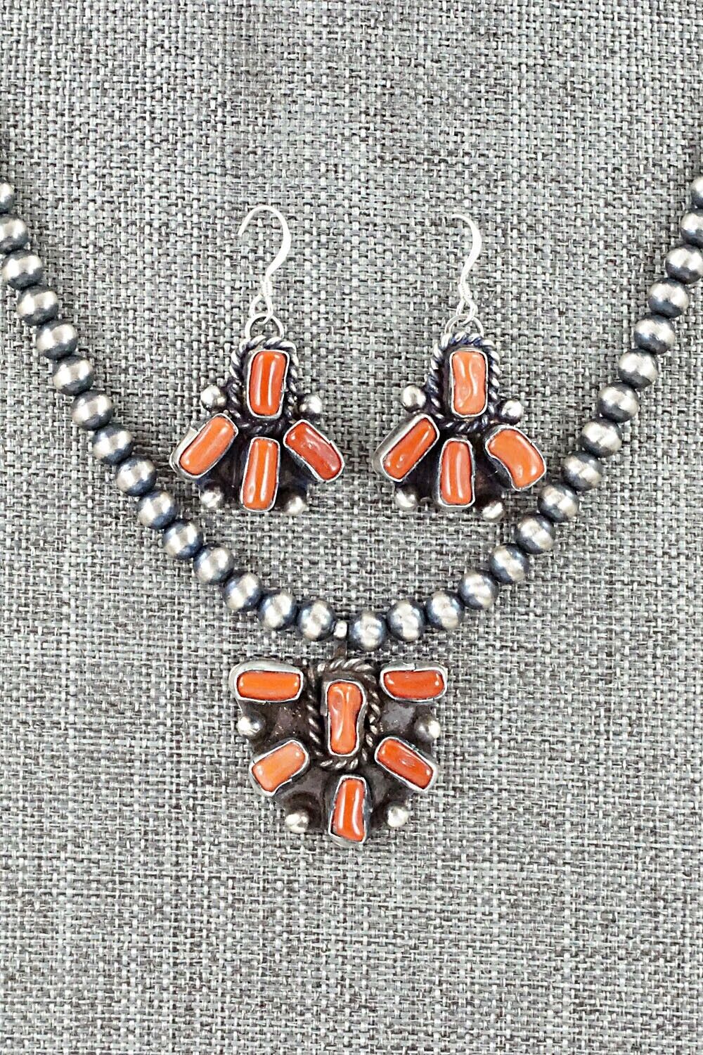 Coral & Sterling Silver Necklace and Earrings Set - Wilson Dawes