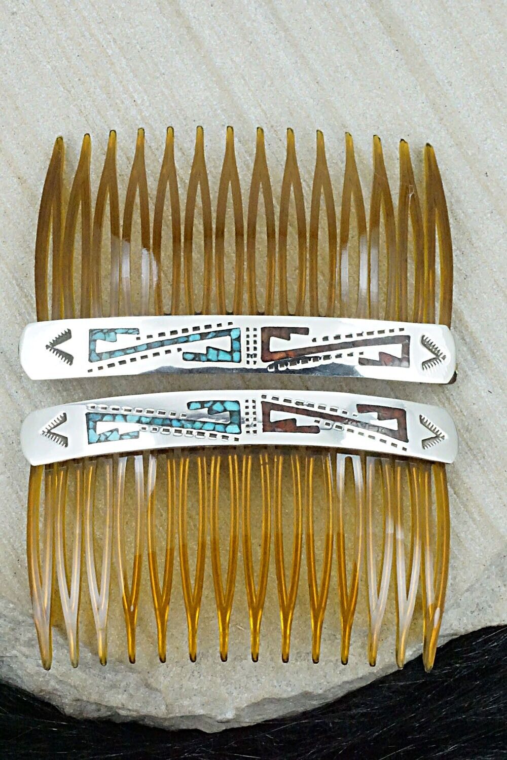 Turquoise, Coral Chip Inlay & Sterling Silver Hair Combs - Joleen Yazzie