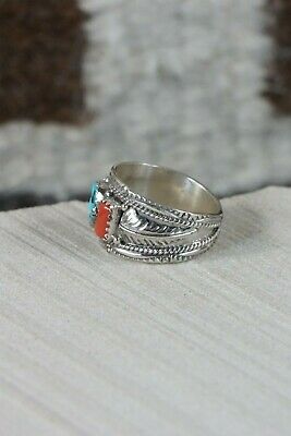 Navajo Turquoise & Coral Sterling Silver Ring - Harrison & Betty Begay - Size 9 - High Lonesome Trading