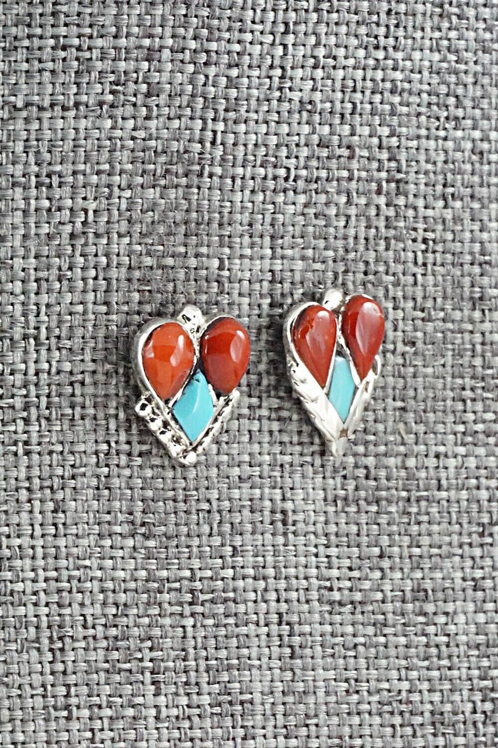 Turquoise, Coral & Sterling Silver Earrings - Vincent Hooee