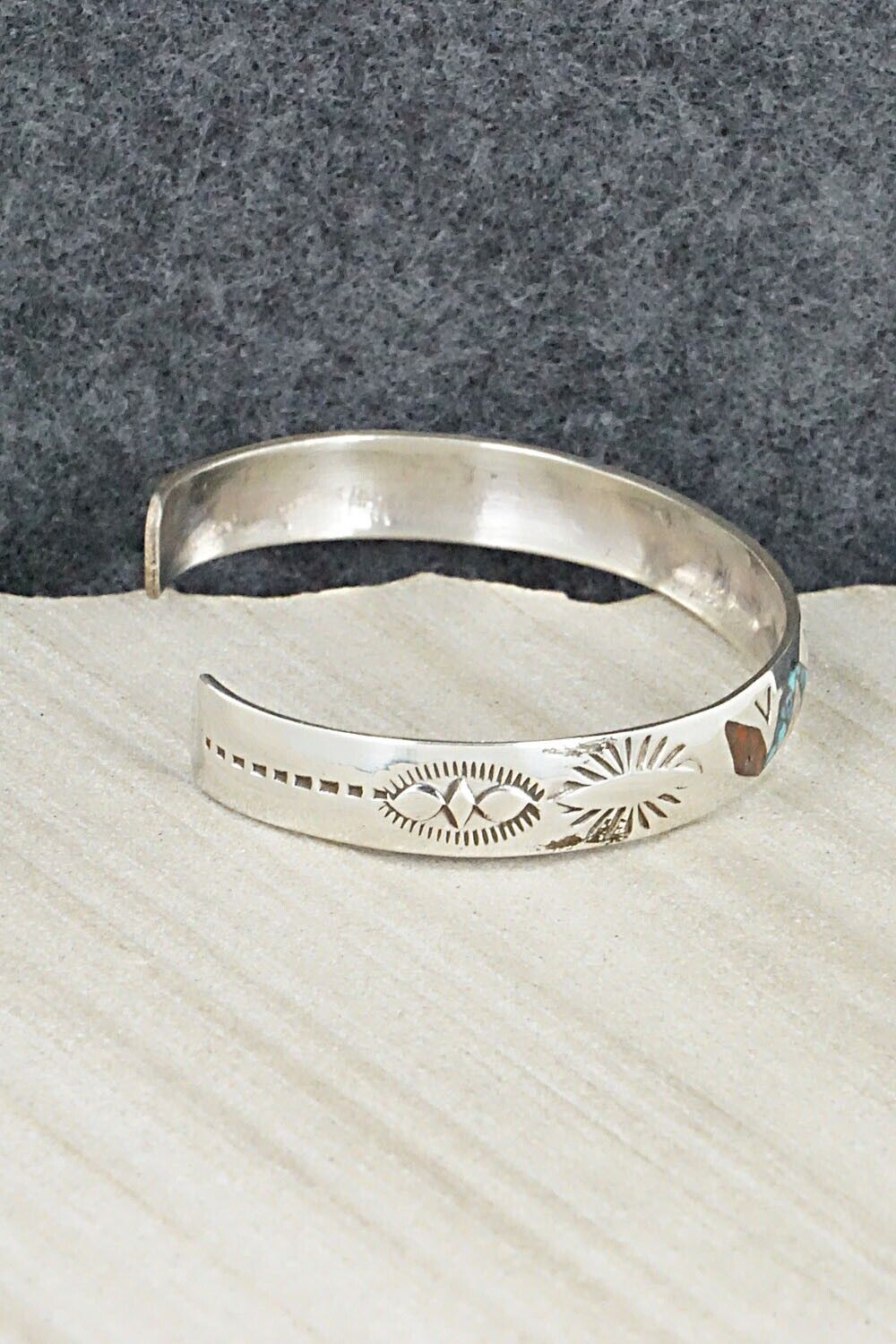 Turquoise, Coral Chip Inlay & Sterling Silver Bracelet - Jolene Yazzie