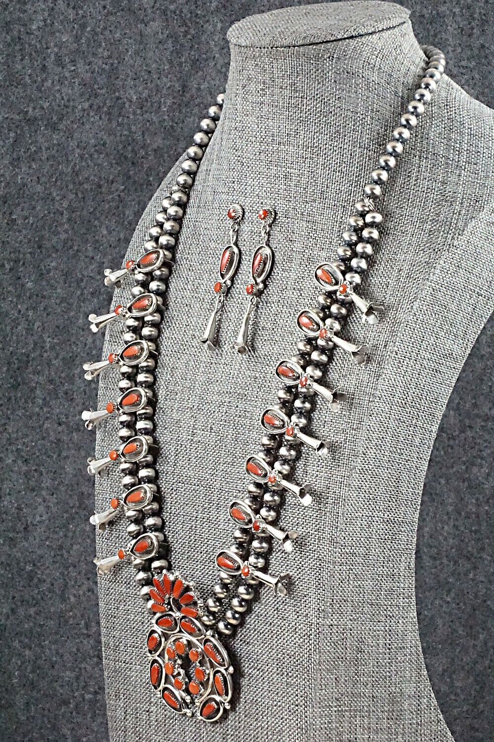 Coral & Sterling Silver Squash Blossom Set - Viola Bobelu