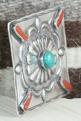 Turquoise, Coral & Sterling Silver Belt Buckle - Wallace Yazzie Jr - High Lonesome Trading