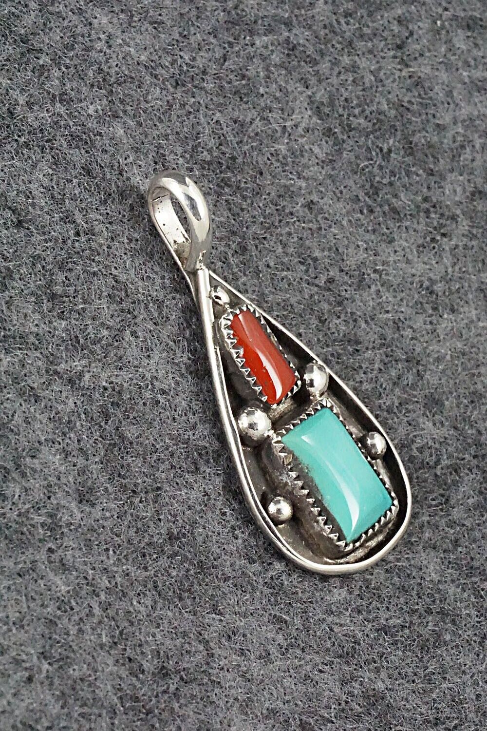 Turquoise, Coral & Sterling Silver Pendant - Priscilla Reeder