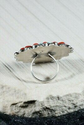 Navajo Turquoise, Coral and Silver Ring - Annie Chapo - Size 10.5 - High Lonesome Trading