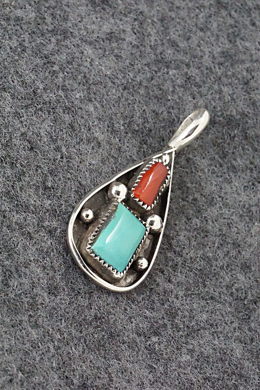 Turquoise, Coral & Sterling Silver Pendant - Priscilla Reeder